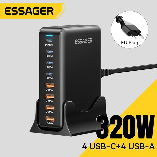 Essager 320W GAN Fast Charge 3.0 USB typu C Szybka ładowarka 8-portowa 100W USB typu C PD Ładowarka do MacBook Pro ipad iphone 16 15 14