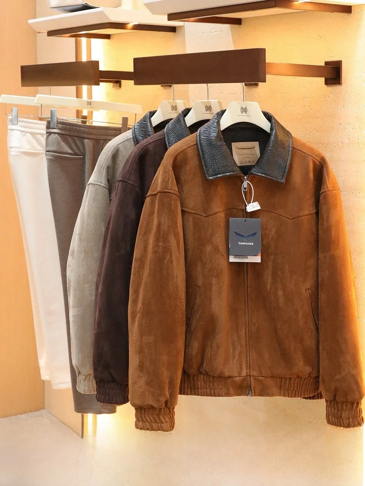 

Thiened Retro Men's Suede Jaet Cotton Coat Warmth Youth Faion Zipper Closure Casual Long Sve Pure Color Cleanfit