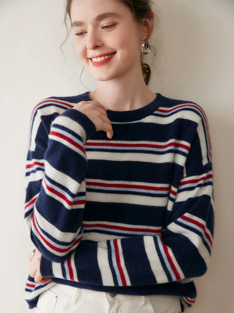 جديد الخريف الشتاء المرأة 100% سترة الكشمير المعنقة مخطط س الرقبة طويلة الأكمام البلوز الكشمير تريكو لينة ملابس غير رسمية نمط