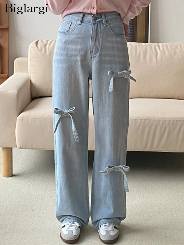 

Jeans Summer Long Straight Pant Women Bow Sweet Fashion Casual High Waist Ladies Trousers Korean Style Loose Woman Pants