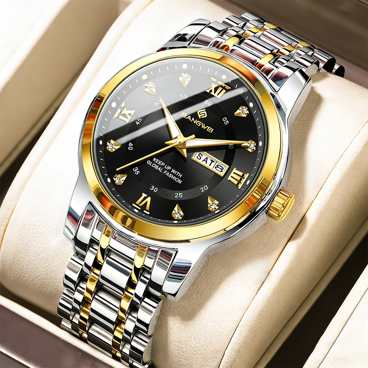 

BANGWEI Роскошные модные мужские наручные часы Водонепроницаемые светящиеся мужские часы из нержавеющей стали Дата Неделя Модные кварцевые мужские часы Reloj