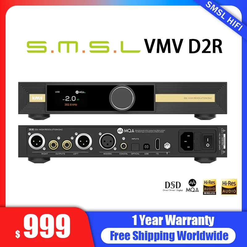 

SMSL VMV D2R High-Res Audio Decoder DAC BD34301EKV ROHM Chip Bluetooth SBS APTX-HD MQA-CD XU316 DSD512 I2S With Remote Control