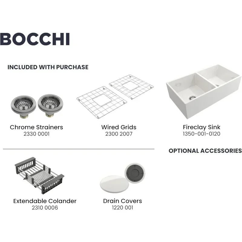 BOCCHI Contempo Farmhouse Apron Front Fireclay 36 in. Double Bowl Kitchen Sink with Protective Bottom Grid and Strainer in White