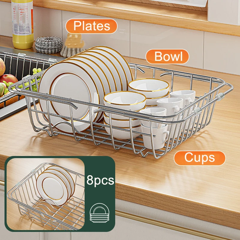 Adjustable Dish Drying Rack Stainless Steel Dish Drainer Fruit Vegetable Drainer Kitchen Sink Drain Holder Storage Rack