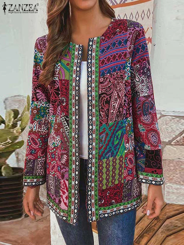 ZANZEA Vintage 2024 Fall Lined Outerwear Women Open Front O Neck Ethnic Print Cardigan Tops Casual Bohemian Long Sleeve Jackets