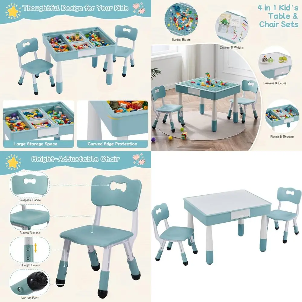 

Универсальный детский стол с 2 стульями, подходит для детей от 1 года до 10 лет, многофункциональный для игр, учебы и обедов, серо-голубой