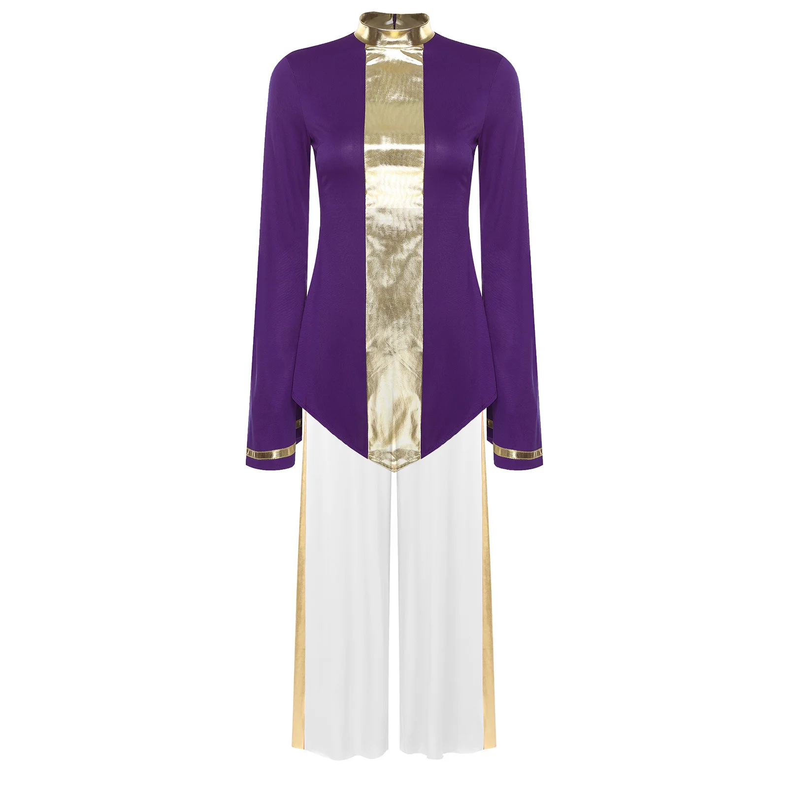 

Womens Liturgical Praise Dance Costume Metallic Patchwork Flared Long Sleeve Shirt+Long Pants for Church Modern Lyrical Dance