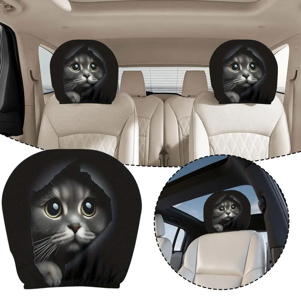 

2 шт. накладки на подголовники автомобиля с принтом «Разбитая стена» и котом, универсальные, эластичные, забавные, черные чехлы на подголовники для автомобиля