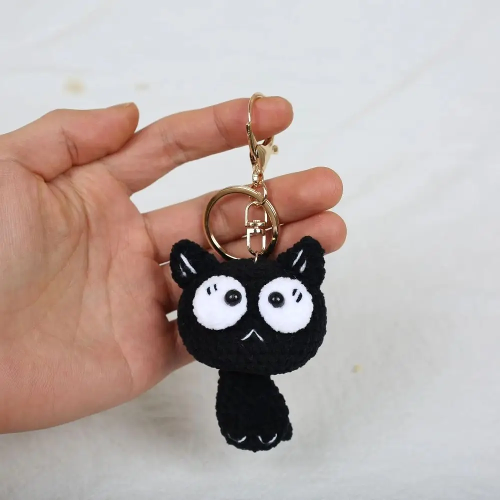 Exquisite Handmaking Cat Crochet Keyrings Animal Doll Cartoon Black Kitten Keyrings Woven Cute Knitted Key Ring Bag Charm
