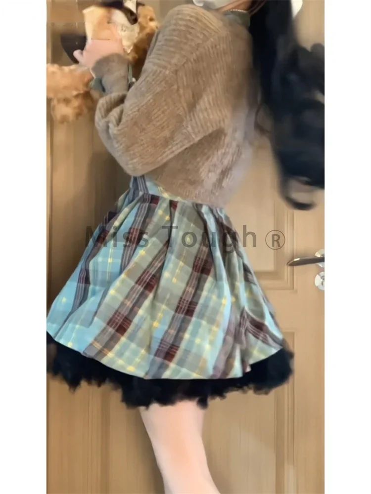 College Style Kawaii Two Piece Set Women Grey Short Sweater + Bow Sleeveless Dress Suit Japanese Sweet Plaid Sets Autumn 2024