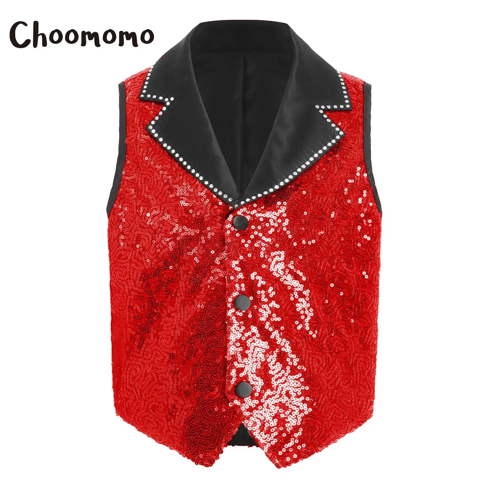 

Children Hip-hop Jazz Street Dance Vest Boys Girls Shiny Sequins Waistcoat Lapel Jacket Top Outerwear Christmas Party Costumes