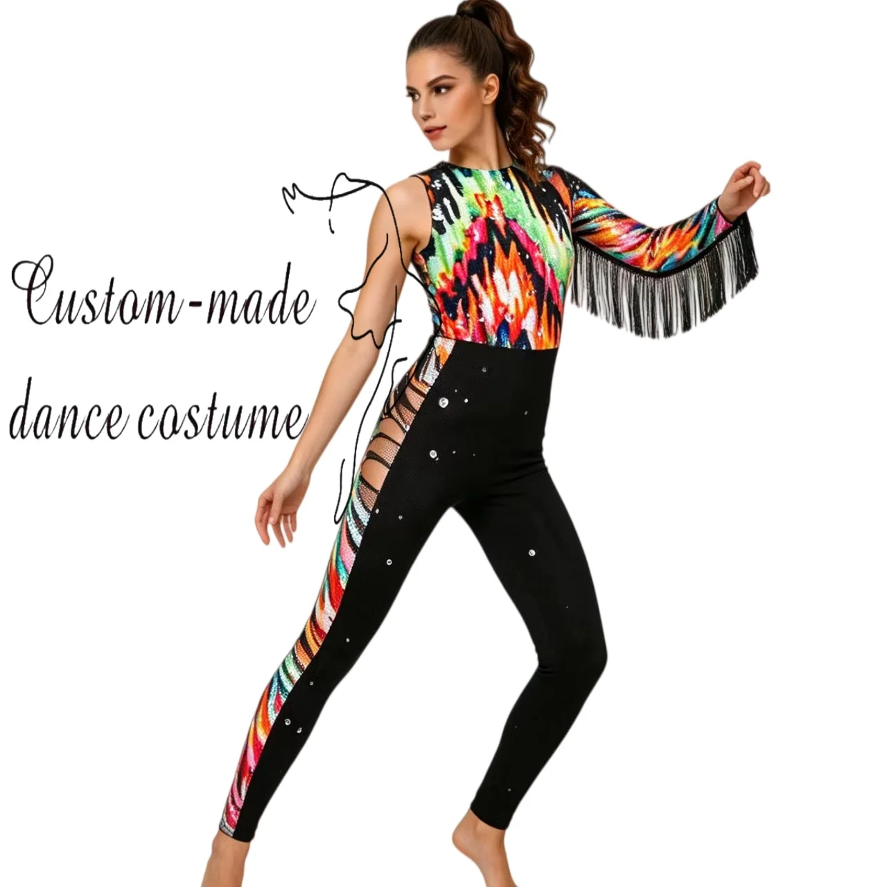 costume-da-jazz-personalizzato-con-manica-singola-in-argento-a-pois-neri-verdi-rosa-arancioni-e-bianchi-e-frange-nere
