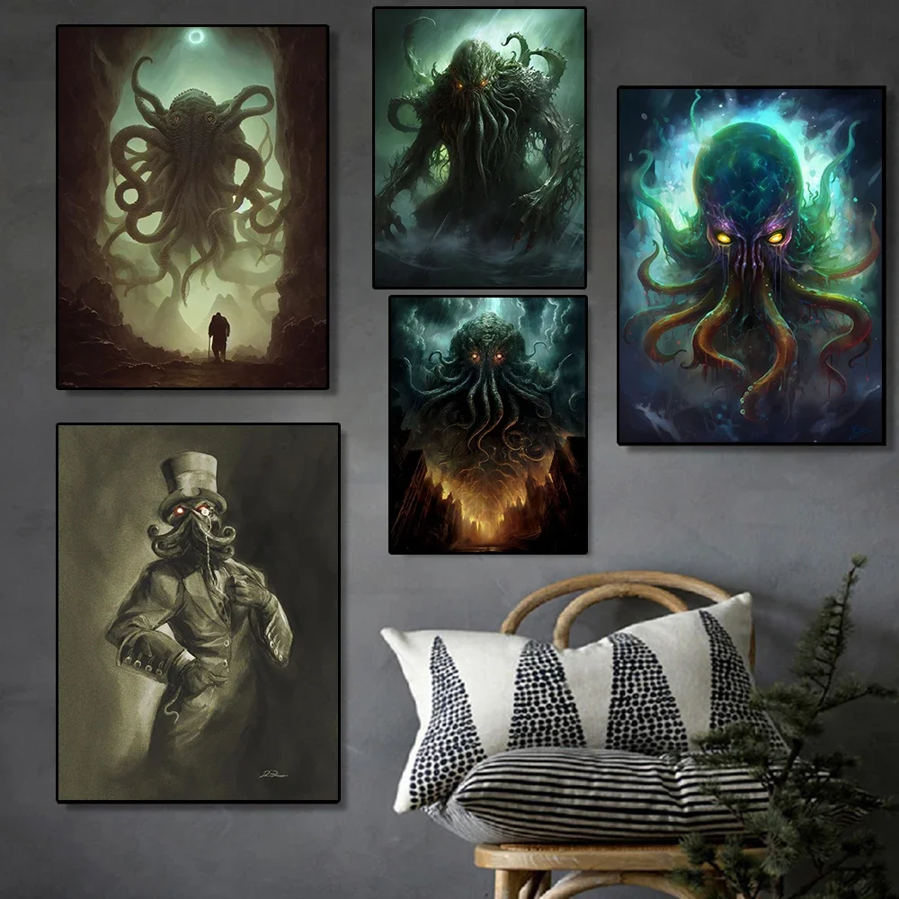 Horror Science Fantasy Cthulhu Octopus Canvas Posters Monster Deep Sea Devil Gothic Wall Art Prints Living Room Home Decoration