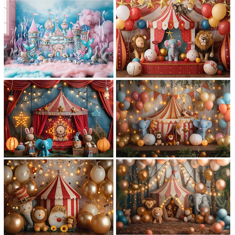 

Circus Tent With Striped Canopy Popcorn Photography Backdrops Balloons Birthday Party Decor Animal Photo Studio Background SD-04