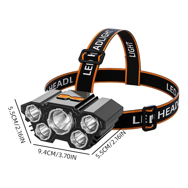 LED Strong Light Five Headed Outdoor Waterproof Fishing Light USB Rechargeable Ultra Bright Head Mounted Flashlight