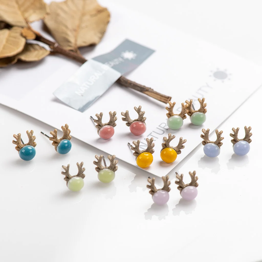 Cartoon Animal Abstract Little Antlers Ceramic Earrings Fashion Gift Ear Studs Jewelry Wholesale For Women Girl #LY333