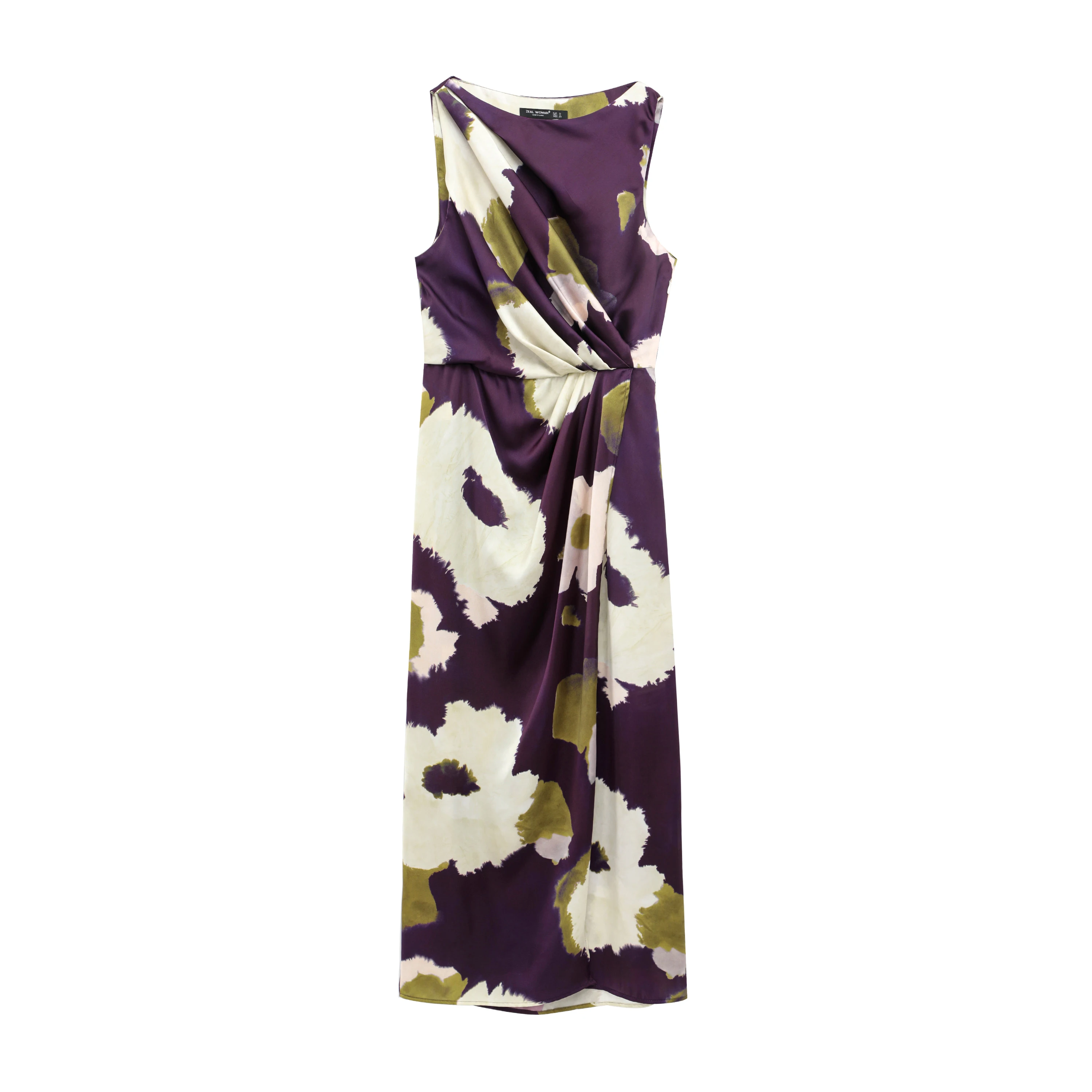 Vestido Midi Sem Mangas com Decoração Psada e Estampa, Estilo Casual, Cintura Ajustada, Fibra de Poliéster, Nova Moda Femi...