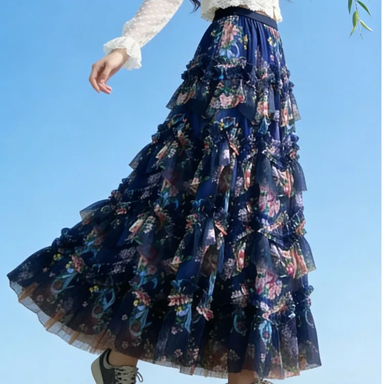 

Юбка-торт с нерегулярным цветочным принтом, женская пышная длинная юбка f-длины со складками, высокая талия, европейская юбка
