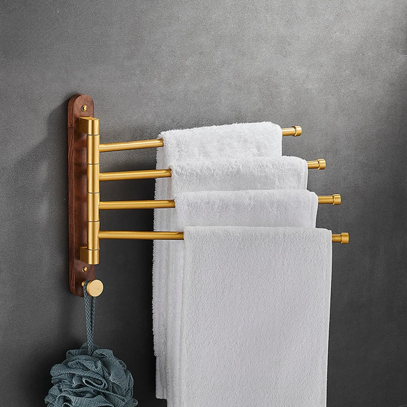 New Chinese Golden Rotary Towel Rod Alumimum Folding Bathroom Light Luxury Movable Towel Bar Punch Free Towel Rack