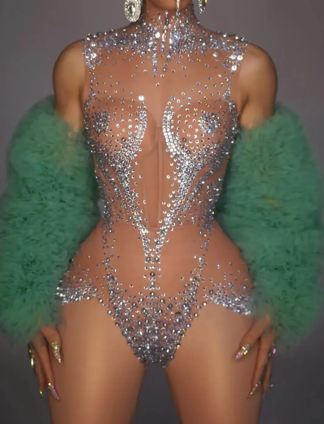 Women Club Party Rhinestone One Piece Bodysuits Sexy See Through Crystal Rompers Mesh Pole Dance Leotard Adult Festival Outfit