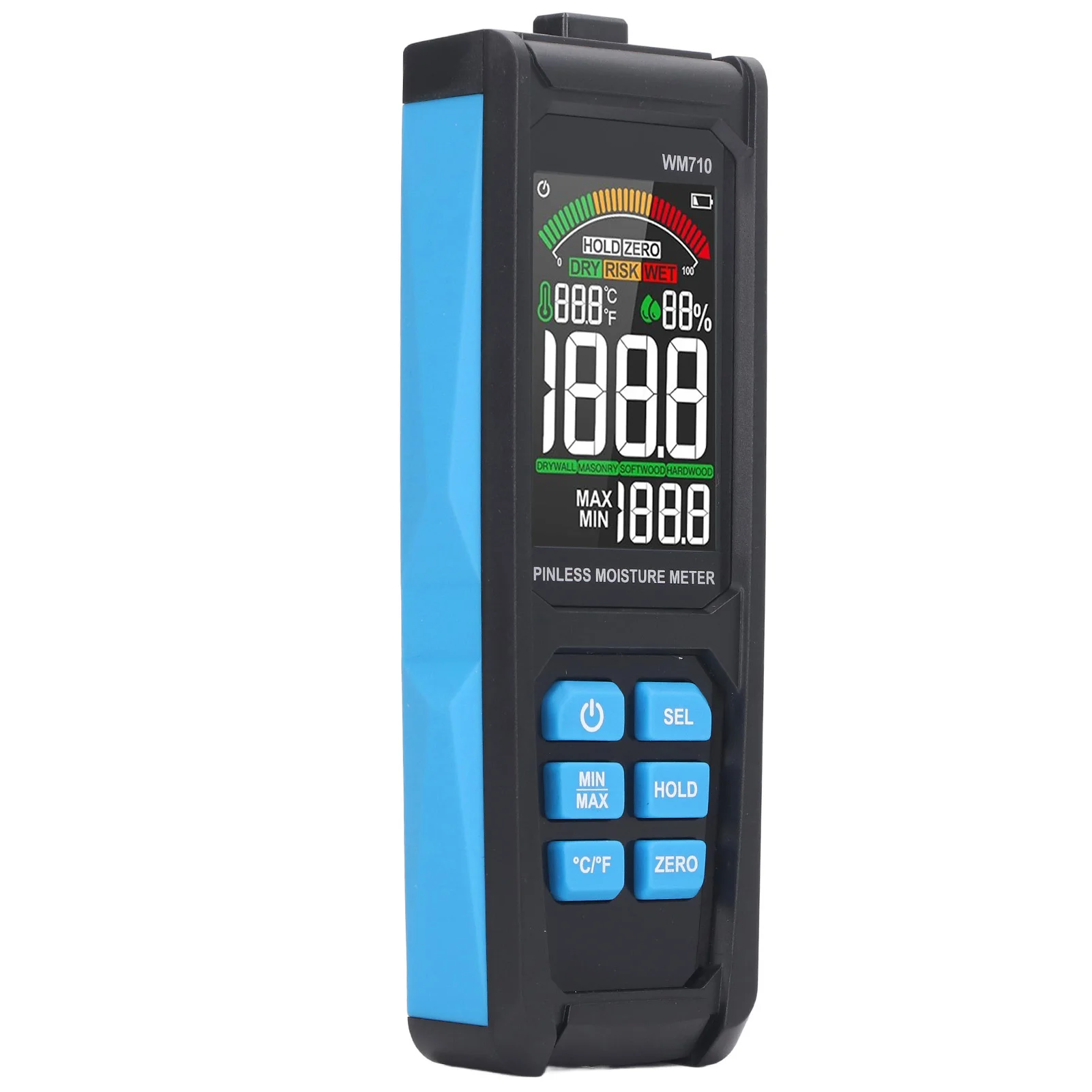 WM710 High-Precision Moisture Meter for Wood Drywall Concrete Plaster Stone Tiles Cardboard with Color Interface
