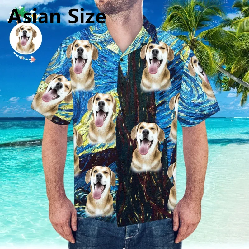 Camisas hawaianas divertidas y personalizadas con cara de perro para hombre, camisa de manga corta con estampado 3D de cara de mascota DIY, blusa holgada y transpirable