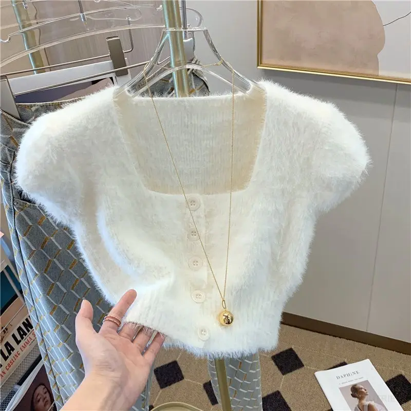 Mink Cashmere Short Sleeve Cardigan Feminino Slim Crop Top Korean Fashion White Sweater Women Sueter Knitted Jacket Sexy Shirts