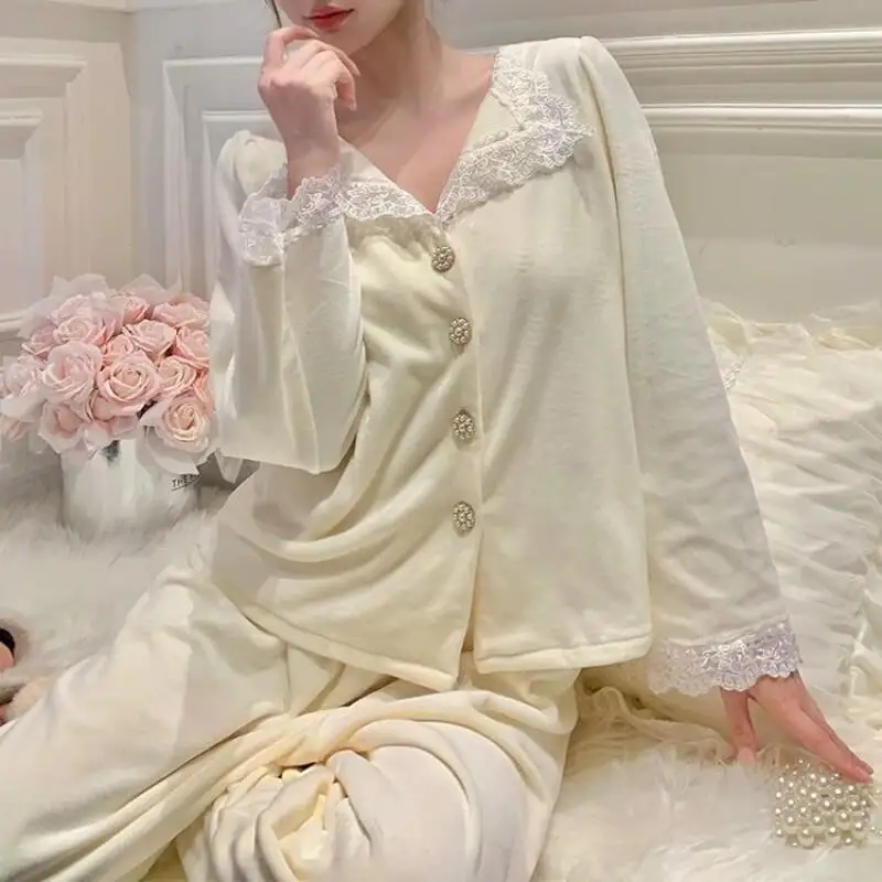 

Pajamas Women Autumn Winter Coral Fleece Cardigan Long Sleeve Two Piece Set Sweet Cute Casual Homewear Loungewear Nightwear Set