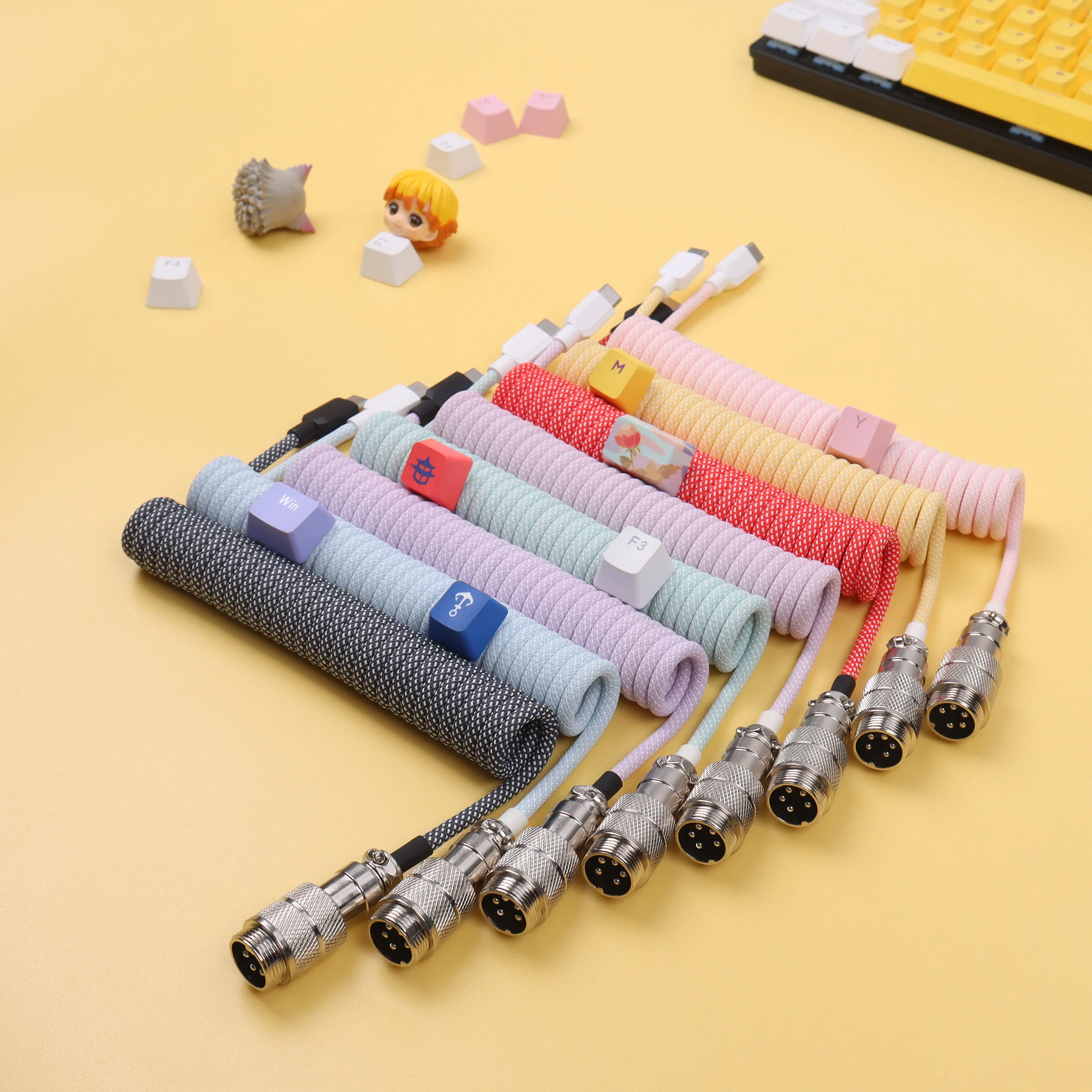 【LANO】Cable Coiled Double Sleeved Cable Gx16 Aviator Type-C Cable for Mechanical Keyboard Mechanical Cable White Green Red Grey