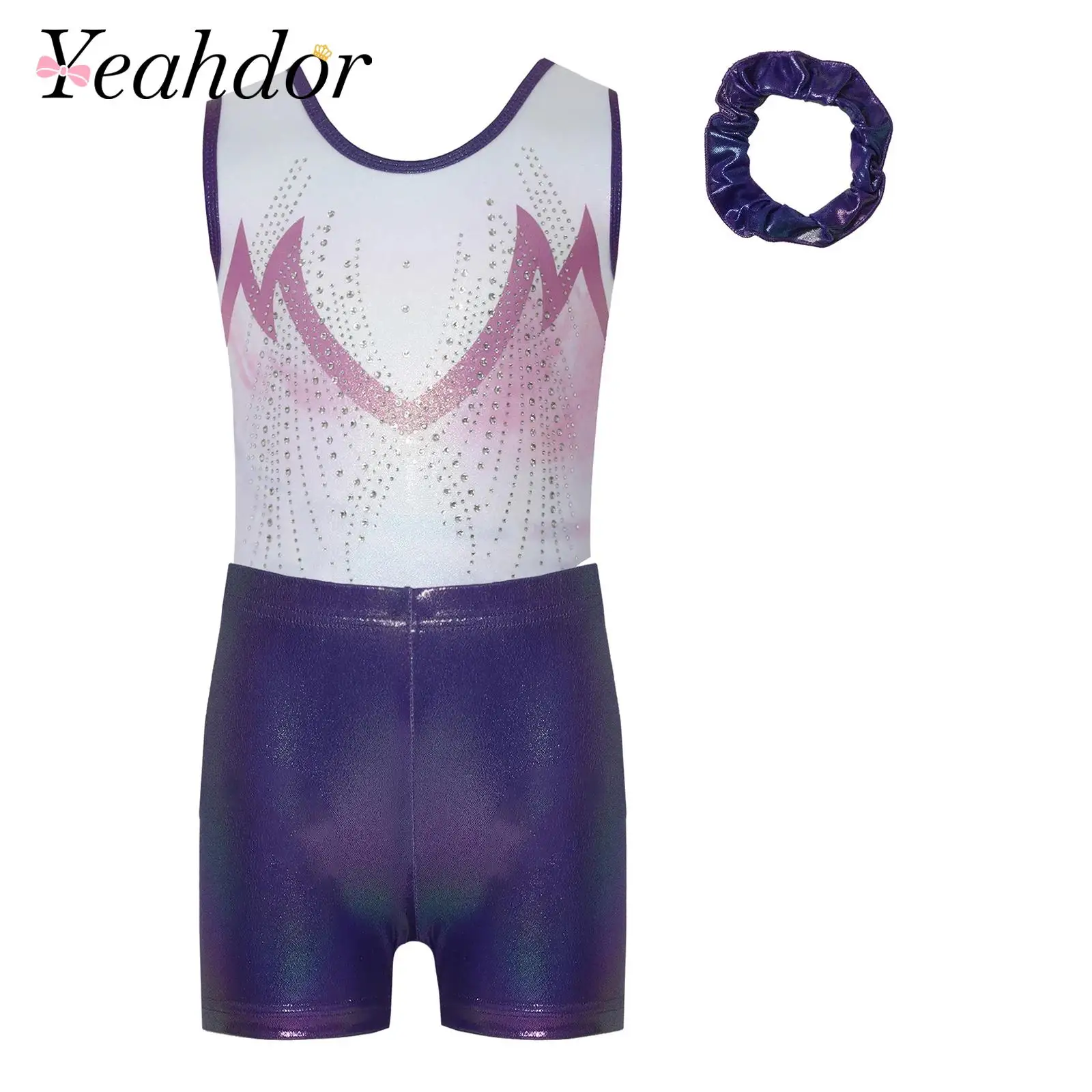 5-12Y Kids Ballet Leotards Girls Gymnastics Dance Outfit Sleeveless Rhinestone Metallic Skating Leotard with Shorts Dancewear
