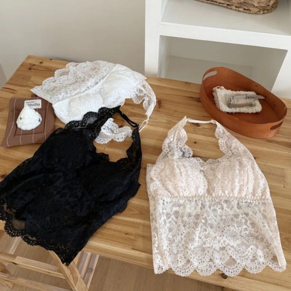 Fashion Mesh Flower Lace Camisole Sleeveless Transparent Halter Neck Camisole Bottoming Shirt Lace Vest Top Ladies