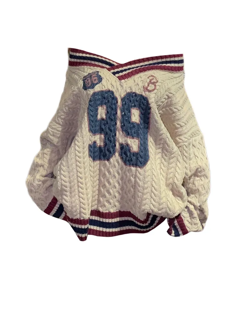 Ponadgabarytowy koreański styl Preppy list drukuj luźny sweter moda damska dekolt w serek prosty top jesienno-zimowy elegancki sweter