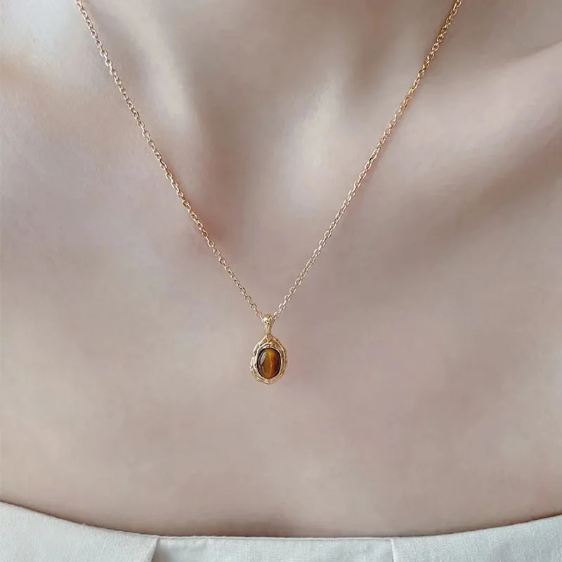 VENTFILLE 925 Sterling Silver Golden Tiger Eye Stone Necklace For Women Girl Circular Simplicity Jewelry Gift Dropshipping