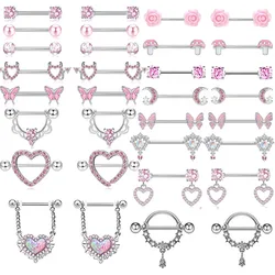 Pink Devil Nipple Piercing Jewelry Set Heart Crystal Nipple Rings Bulk Shiny Butterfly Nipple Barbell Dangle Lot Piercing Pezon