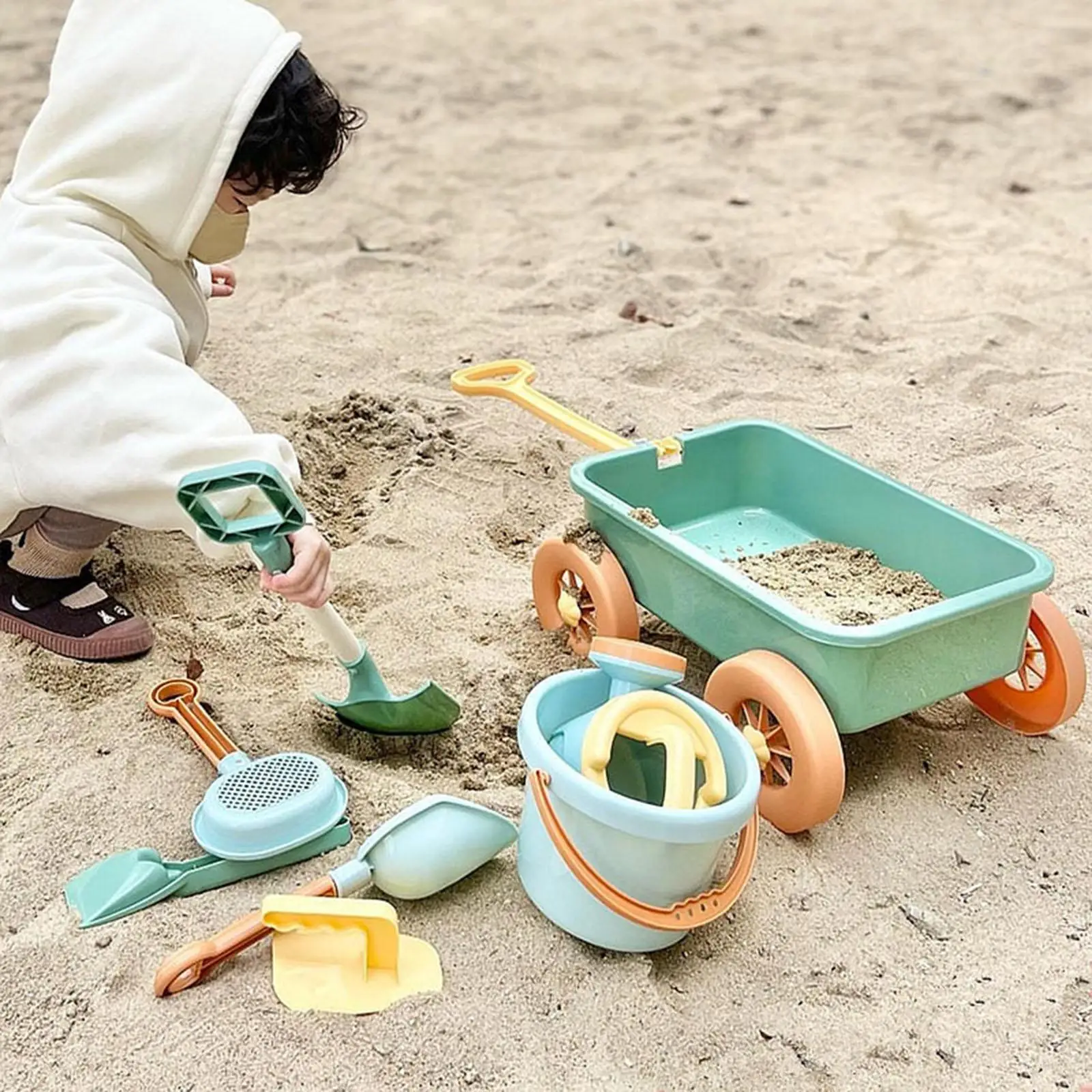 Beach Sand Toys Set with Water Can Dump Truck Hands on Skill Kids Wheelbarrow Beach Wagon Pull Toy for Outdoor Travel Park