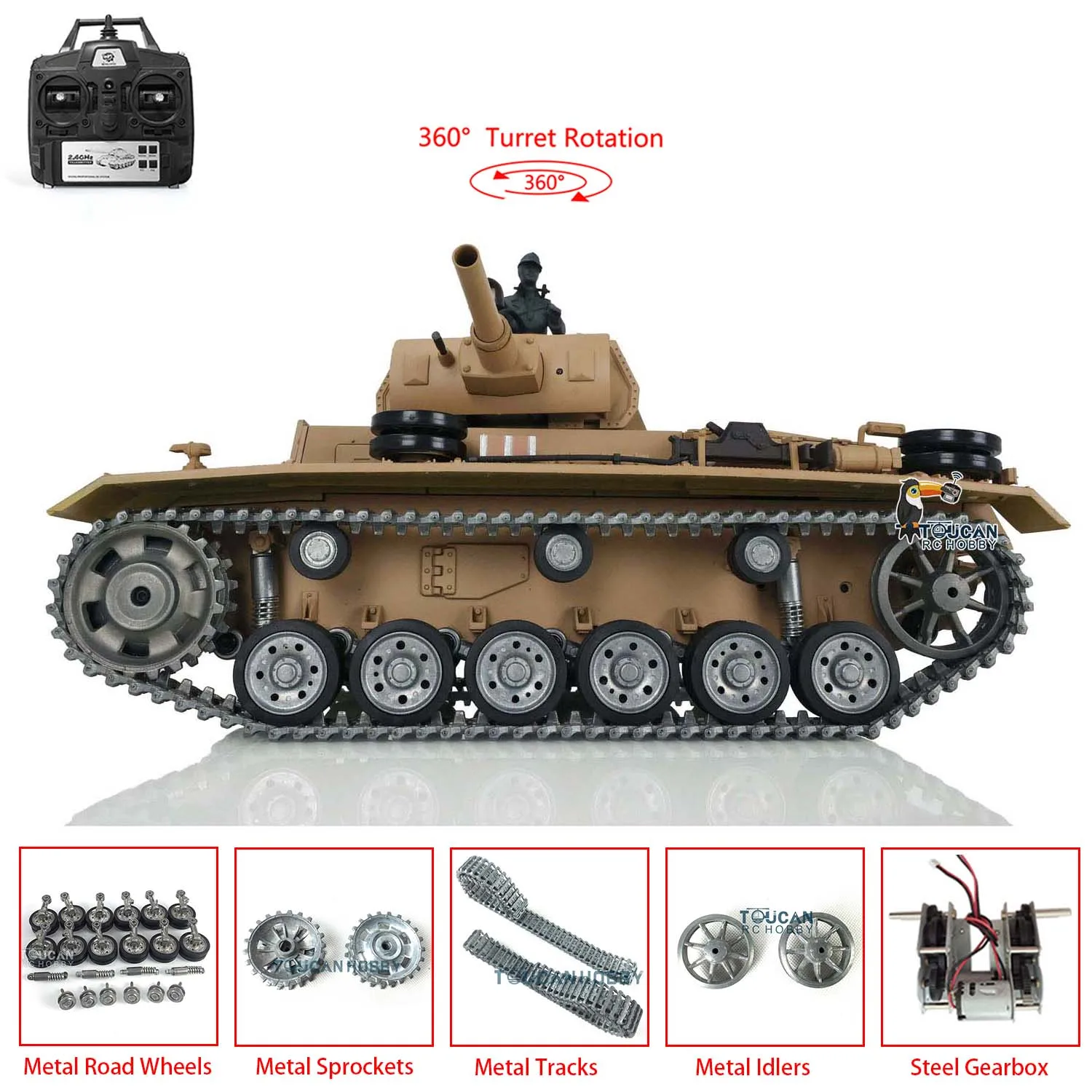 HENG LONG 1/16 7.0  Pro Ver Panzer III H RTR RC Tank 3849 3848 Metal Tracks Wheels Steel Sprocket BB Shooting Yellow TH17369