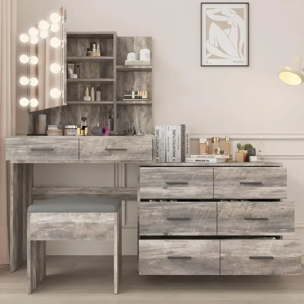 Makeup Vanity Desk Vanity Set with 10 LED Bulbs Lighted Mirror Makeup Desk with Shelves & Dresser ,Makeup Desk with Nightstand