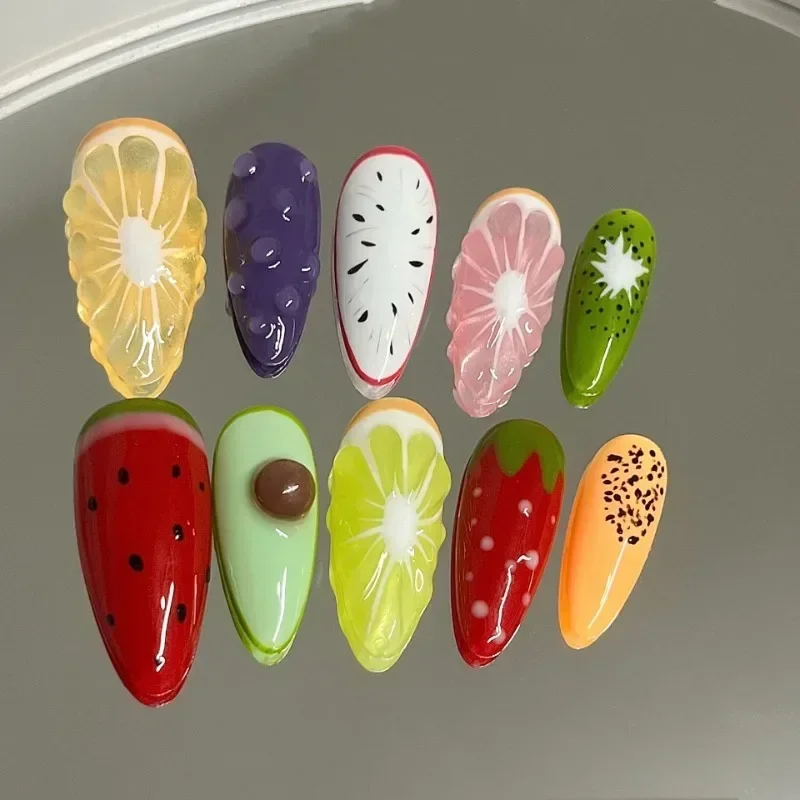 10 Stück handgemachte Sommerfrucht falsche Nägel mit Werkzeugen 3D Zitrone Cartoon Erdbeere realistische künstliche Nägel hochwertige Press on Nails