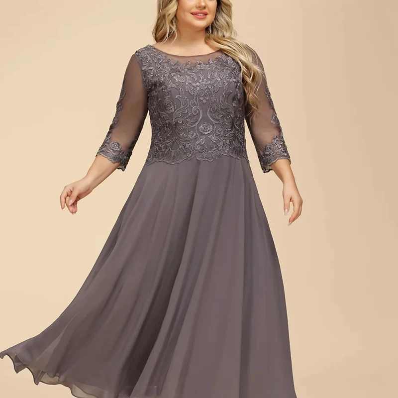 Robe de soirée grise pour femmes, avec décolleté bateau transparent, dentelle complexe brodée sur corsage, robe de bal, manches trois-quarts en dentelle