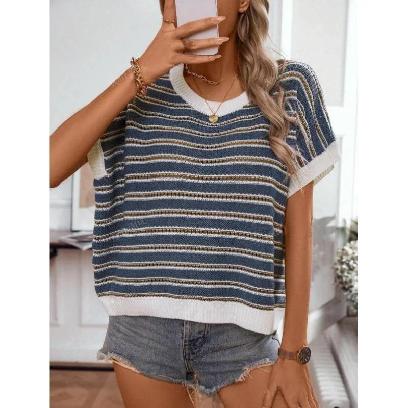 

P 306 New Cross-Border Women's Commuter Knitted Stripe Svel round Ne Ci Walk irt Coolmax Fiber Unbranded