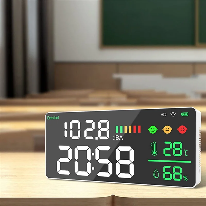 Misuratore di decibel AEE6-4-in-1 Misuratore di livello sonoro a parete Wifi Orologio digitale Misuratore di umidità della temperatura, misuratore DB 30-130DBA