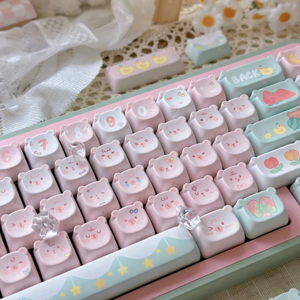 Watermelon Bear Keycap Eao Pbt 131Keys Sublimation Diy Mechanical Keyboard Keycap Summer Bear Head Pink Green Kawaii Keycap Set