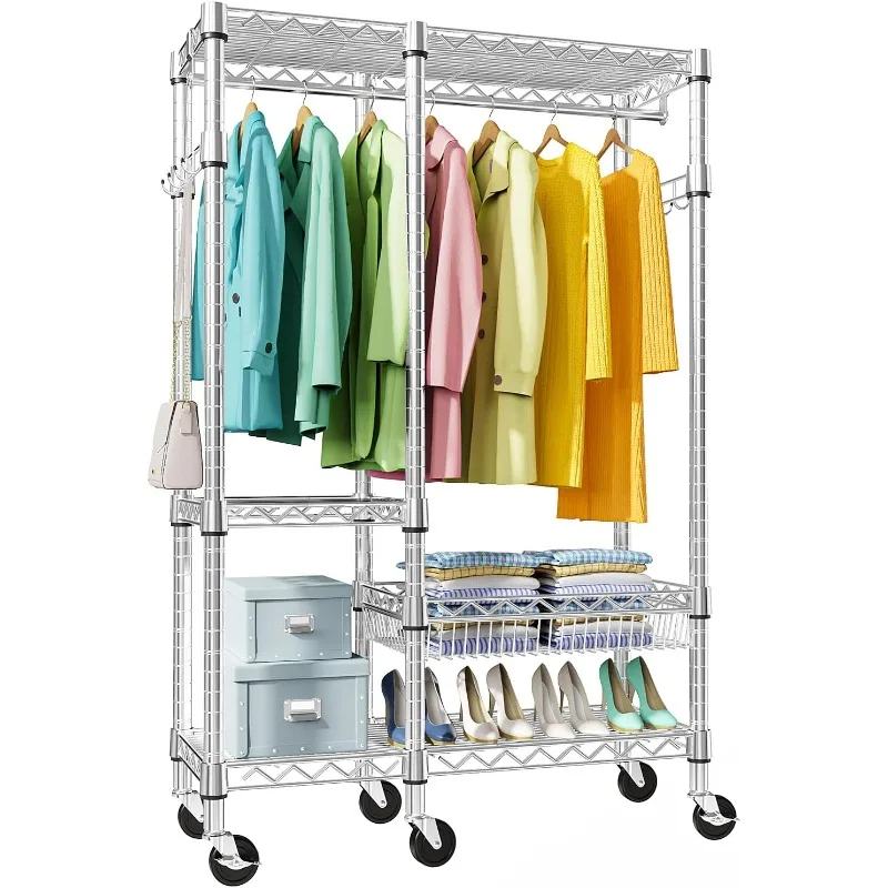 Heavy Duty Rolling Garment Rack 4 Tiers Adjustable Wire Shelving Clothes Rack with Rods and Side Hooks, Storage Closet