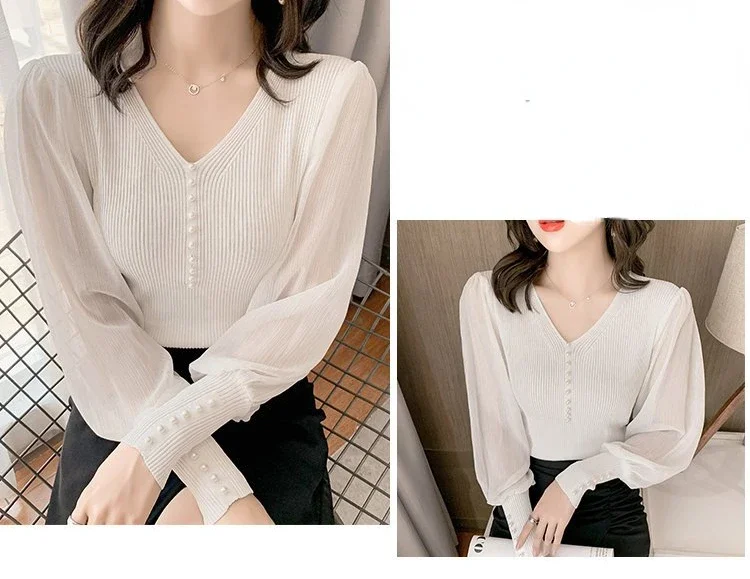 Summer Autumn All-match Chiffon Splicing Knitted Temperament Pullovers for Women 2024 New Office Lady Shirt T-Shirt Tops E685