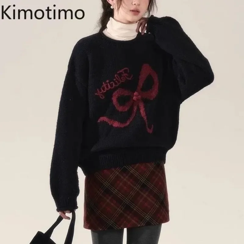 Kimotimo Sweet Bow Printed Pullover Women Autumn Winter Loose O Neck Long Sleeve Sweaters Korean Fashion All Match Knitted Tops