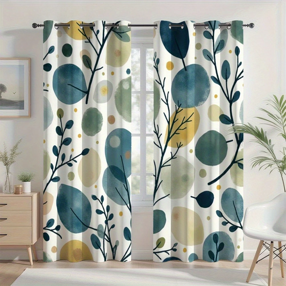 2pc Watercolor Leaves and Branches Printed Pattern Curtains, Polyester Fabric, Suitable for Bedroom Living Room Decoration