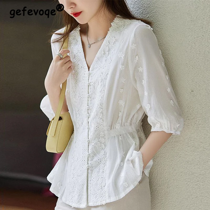 

Women Vintage Hollow Lace Embroidery Elegant Chic Shirts 2023 Spring Summer V-neck 3/4 Sleeve White Blouses Slim Tops Ropa Mujer