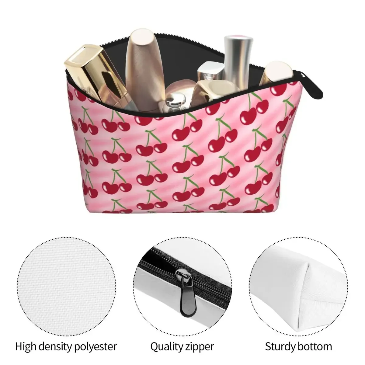 Red Cherry Green Stems Pink Women Cosmetic Bag Travel Makeup Organizer Pouch Toiletry Storage Dopp Kit Box