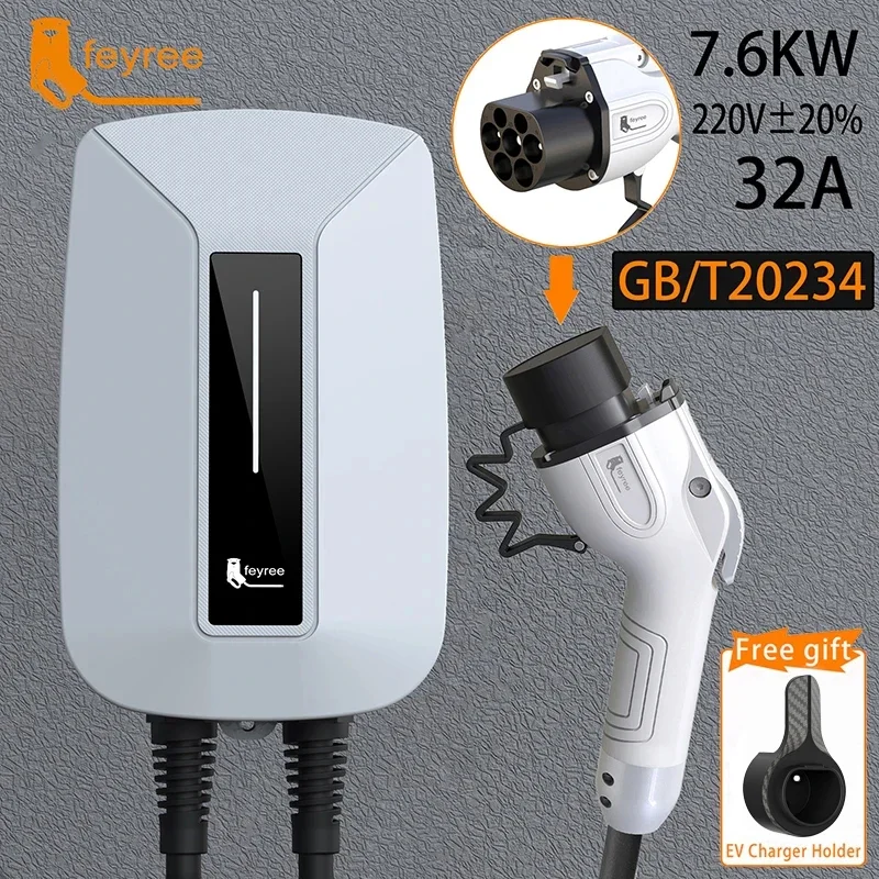 feyree EVSE Wallbox 32A 7KW EV Charger Type2 Plug IEC62196-2 Socket 1 Phase 5m Cable Wallmount Charging Station for Electric Car