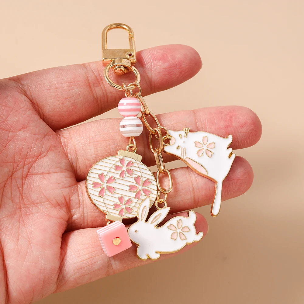 Aihua Harajuku Sakura Blumen-Laternen-Katzen-Schlüsselanhänger für Frauen und Mädchen, Schlüsselring-Anhänger zur Handtaschendekoration, DIY-Schlüsselhalter, Schmuckgeschenke – Detail 3